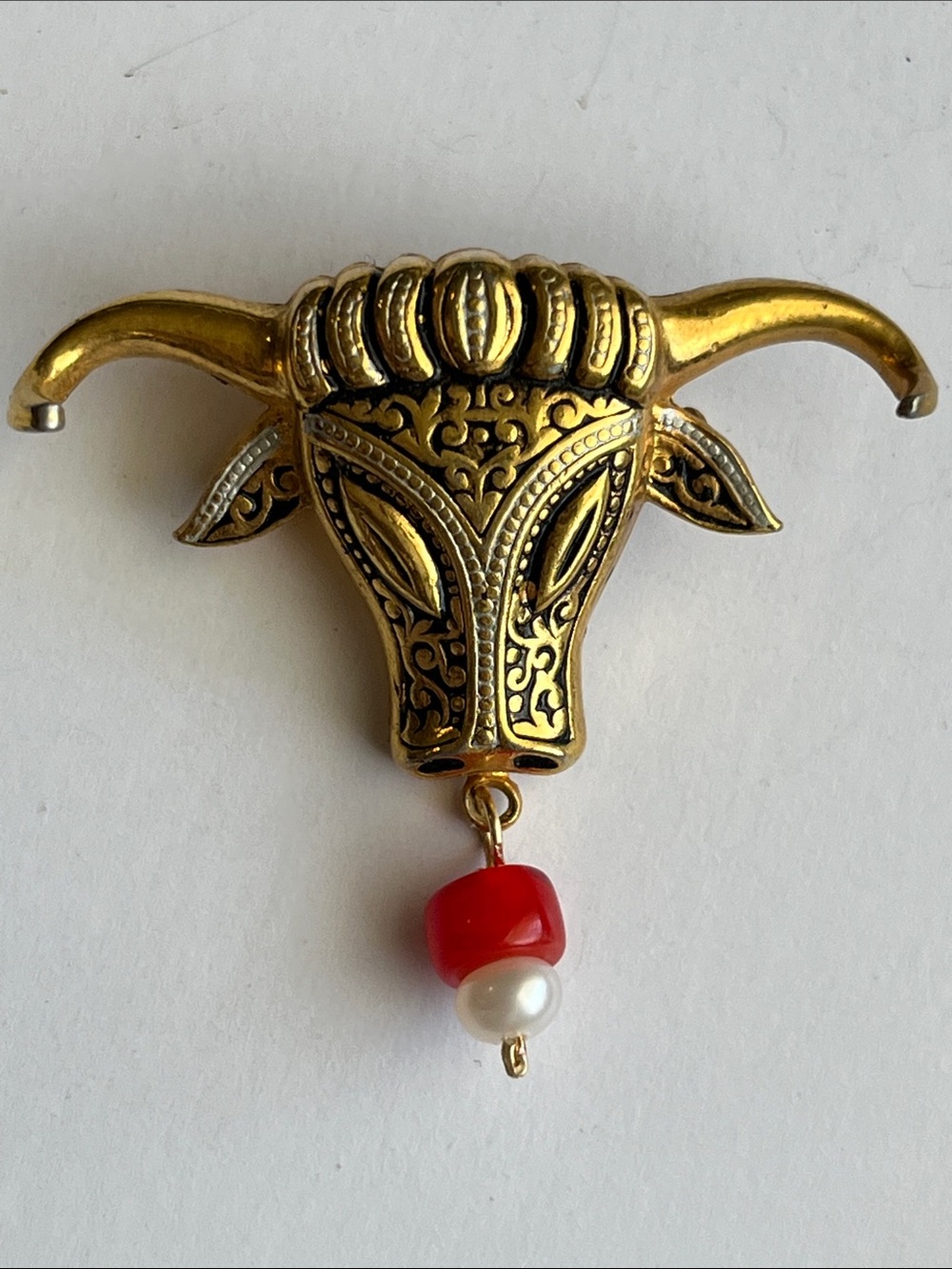Gold-Tone Bull Head Brooch with Red and Pearl Accent - Women's Jewelry